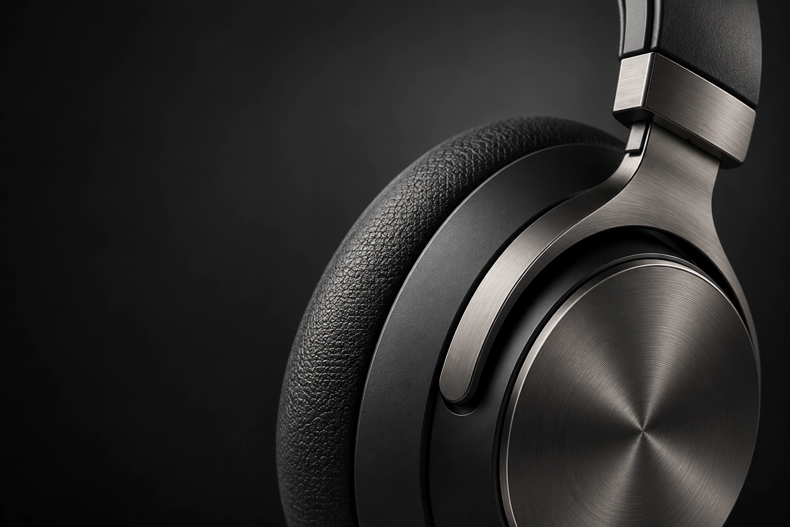 Detalle del aluminio cepillado, la unión metálica y el acolchado negro de los auriculares
