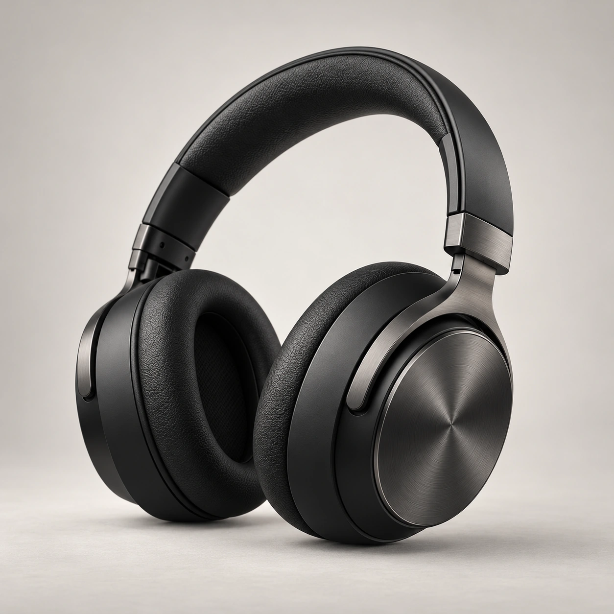 Auriculares negros de proporciones naturales, con aluminio cepillado y almohadillas de textura definida