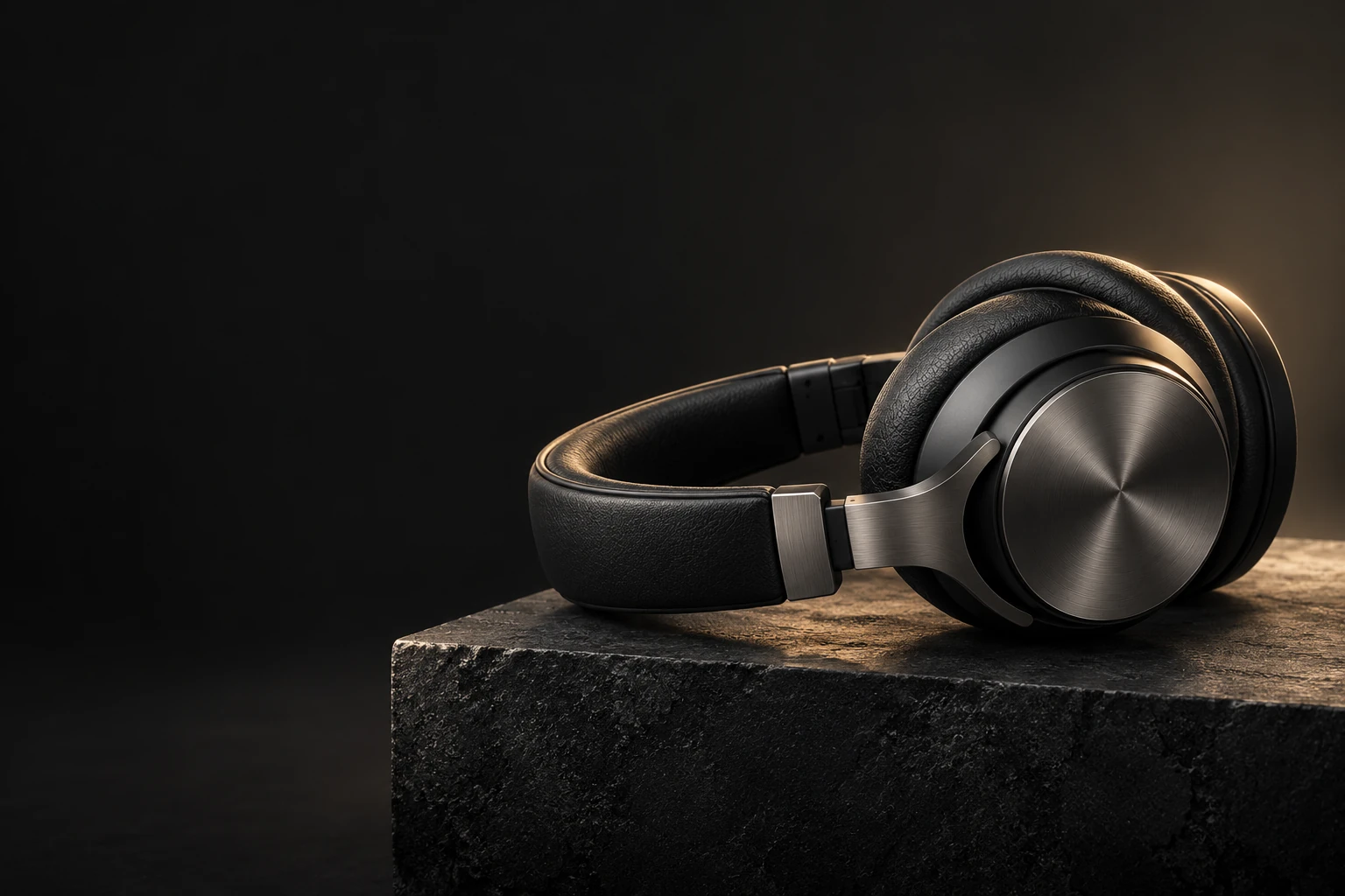 Auriculares de perfil sobre una base de piedra oscura con luz lateral