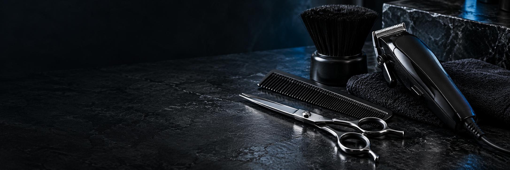 Herramientas y accesorios de barbería sobre una superficie oscura